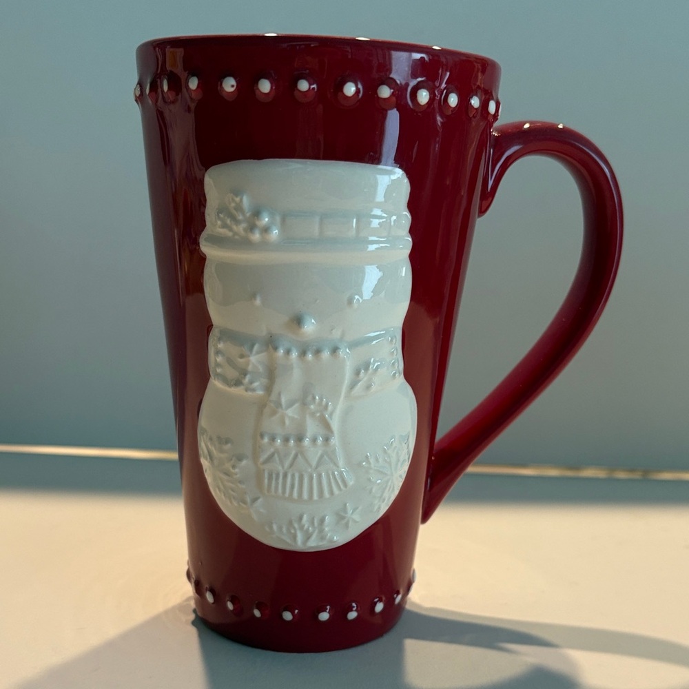 Hallmark Red and White Snowman Tall Coffee Mug 16 oz 3D Snowman & Dots